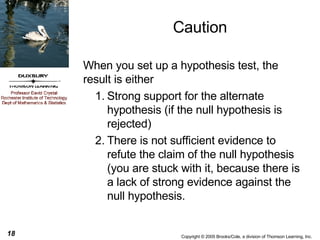 Caution When you set up a hypothesis test, the result is either Strong support for the alternate hypothesis (if the null hypothesis is rejected) There is not sufficient evidence to refute the claim of the null hypothesis (you are stuck with it, because there is a lack of strong evidence against the null hypothesis. 