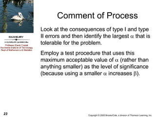Comment of Process Look at the consequences of type I and type II errors and then identify the largest    that is tolerable for the problem.  Employ a test procedure that uses this maximum acceptable value of    (rather than anything smaller) as the level of significance (because using a smaller    increases   ). 