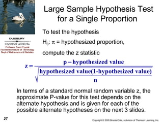 Large Sample Hypothesis Test for a Single Proportion  In terms of a standard normal random variable z, the approximate P-value for this test depends on the alternate hypothesis and is given for each of the possible alternate hypotheses on the next 3 slides. To test the hypothesis  H 0 :   = hypothesized proportion,  compute the z statistic  