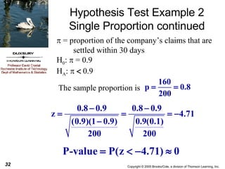 Hypothesis Test Example 2 Single Proportion continued    = proportion of the company’s claims that are settled within 30 days  H 0 :    = 0.9 H A :       0.9 The sample proportion is 