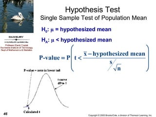 Hypothesis Test  Single Sample Test of Population Mean H 0 :  µ  = hypothesized mean H A :  µ  < hypothesized mean 