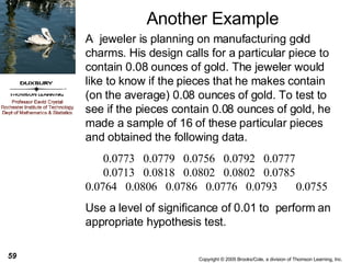 Another Example A  jeweler is planning on manufacturing gold charms. His design calls for a particular piece to contain 0.08 ounces of gold. The jeweler would like to know if the pieces that he makes contain (on the average) 0.08 ounces of gold. To test to see if the pieces contain 0.08 ounces of gold, he made a sample of 16 of these particular pieces and obtained the following data. 0.0773  0.0779  0.0756  0.0792  0.0777 0.0713  0.0818  0.0802  0.0802  0.0785  0.0764  0.0806  0.0786  0.0776  0.0793  0.0755 Use a level of significance of 0.01 to  perform an appropriate hypothesis test. 