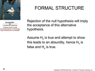 FORMAL STRUCTURE Rejection of the null hypothesis will imply the acceptance of this alternative hypothesis. Assume H 0  is true and attempt to show this leads to an absurdity, hence H 0  is false and H a  is true. 