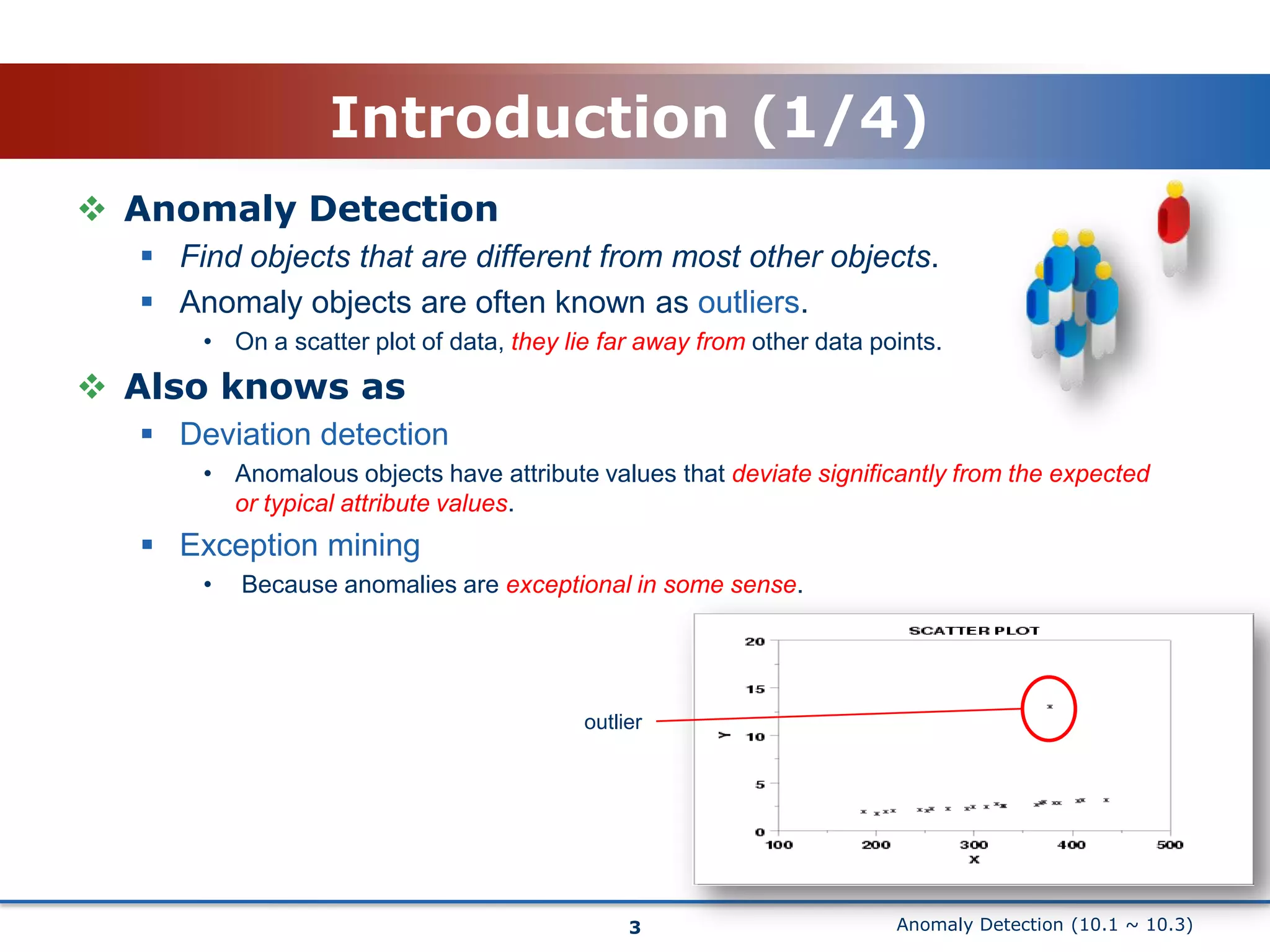 Anomaly Detection (10.1 ~ 10.3)Introduction (1/4)Anomaly DetectionFind objects that are different from most other objects.Anomaly objects are often known as outliers.On a scatter plot of data, they lie far away from other data points.Also knows asDeviation detectionAnomalous objects have attribute values that deviate significantly from the expected or typical attribute values.Exception miningBecause anomalies are exceptional in some sense.3outlier