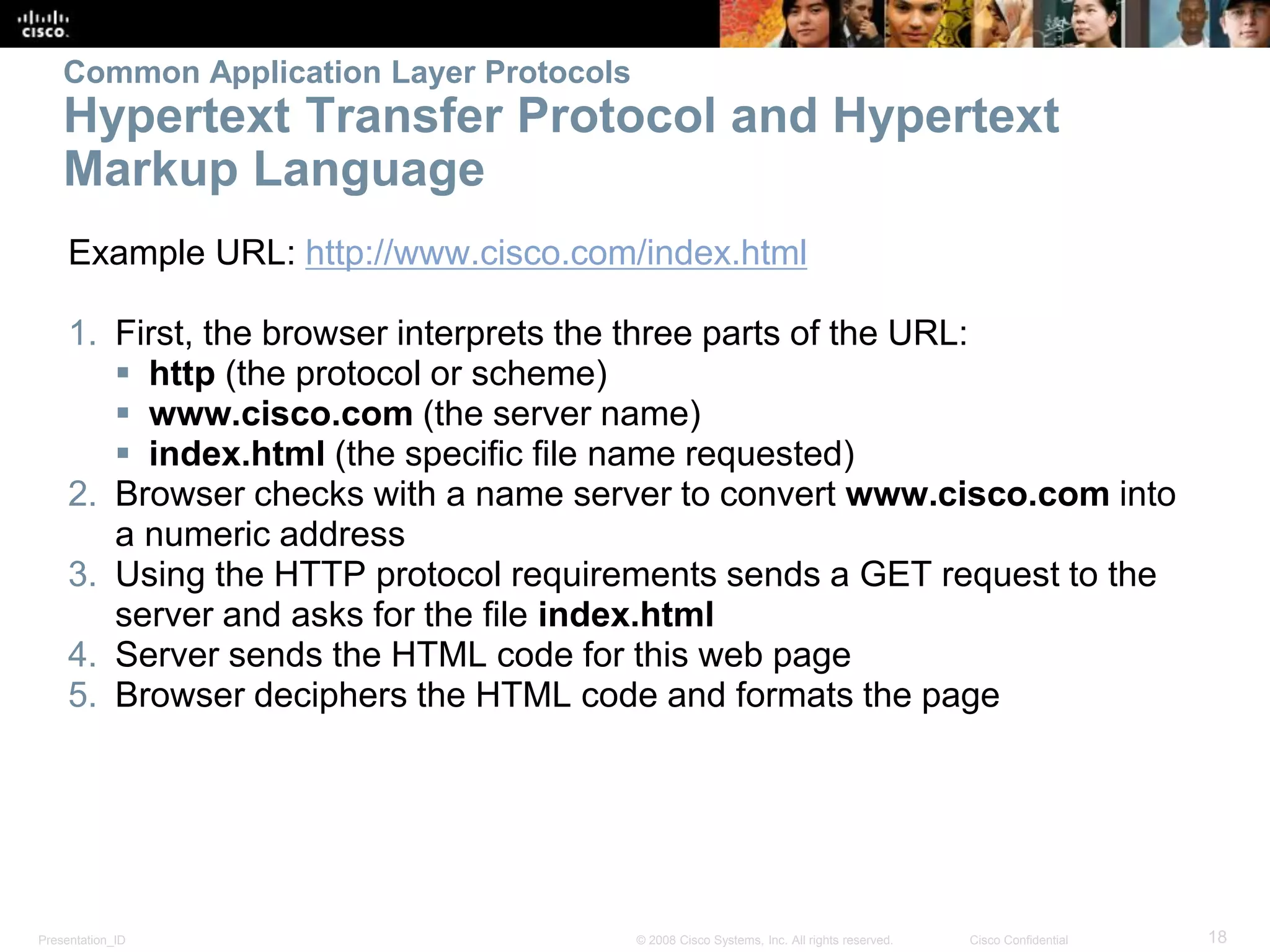 Presentation_ID 18© 2008 Cisco Systems, Inc. All rights reserved. Cisco Confidential
Common Application Layer Protocols
Hypertext Transfer Protocol and Hypertext
Markup Language
Example URL: http://www.cisco.com/index.html
1. First, the browser interprets the three parts of the URL:
 http (the protocol or scheme)
 www.cisco.com (the server name)
 index.html (the specific file name requested)
2. Browser checks with a name server to convert www.cisco.com into
a numeric address
3. Using the HTTP protocol requirements sends a GET request to the
server and asks for the file index.html
4. Server sends the HTML code for this web page
5. Browser deciphers the HTML code and formats the page
 