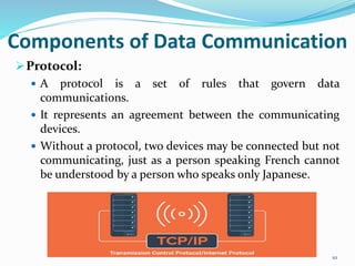 Protocol:
 A protocol is a set of rules that govern data
communications.
 It represents an agreement between the communicating
devices.
 Without a protocol, two devices may be connected but not
communicating, just as a person speaking French cannot
be understood by a person who speaks only Japanese.
10
Components of Data Communication
 