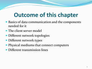 Outcome of this chapter
 Basics of data communication and the components
needed for it
 The client server model
 Different network topologies
 Different network types
 Physical mediums that connect computers
 Different transmission lines
2
 
