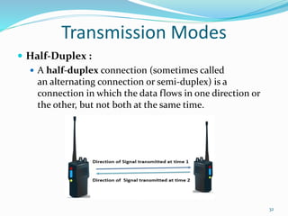  Half-Duplex :
 A half-duplex connection (sometimes called
an alternating connection or semi-duplex) is a
connection in which the data flows in one direction or
the other, but not both at the same time.
32
Transmission Modes
 