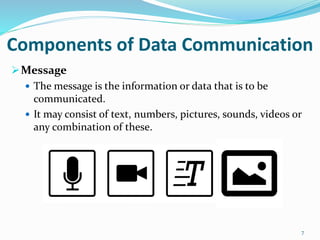 Message
 The message is the information or data that is to be
communicated.
 It may consist of text, numbers, pictures, sounds, videos or
any combination of these.
7
Components of Data Communication
 