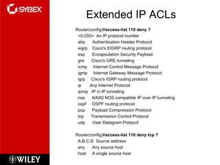 Extended IP ACLs <ul><ul><ul><li>Router(config)# access-list 110 deny ? </li></ul></ul></ul><ul><ul><ul><li><0-255>  An IP...