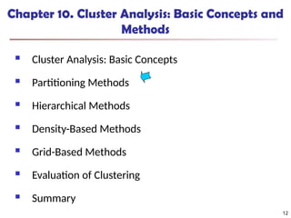 12
Chapter 10. Cluster Analysis: Basic Concepts and
Methods
 Cluster Analysis: Basic Concepts
 Partitioning Methods
 Hierarchical Methods
 Density-Based Methods
 Grid-Based Methods
 Evaluation of Clustering
 Summary
12
 