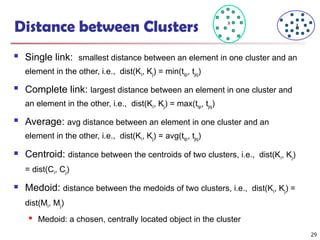 Distance between Clusters
 Single link: smallest distance between an element in one cluster and an
element in the other, i.e., dist(Ki, Kj) = min(tip, tjq)
 Complete link: largest distance between an element in one cluster and
an element in the other, i.e., dist(Ki, Kj) = max(tip, tjq)
 Average: avg distance between an element in one cluster and an
element in the other, i.e., dist(Ki, Kj) = avg(tip, tjq)
 Centroid: distance between the centroids of two clusters, i.e., dist(Ki, Kj)
= dist(Ci, Cj)
 Medoid: distance between the medoids of two clusters, i.e., dist(Ki, Kj) =
dist(Mi, Mj)
 Medoid: a chosen, centrally located object in the cluster
X X
29
 