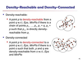 Density-Reachable and Density-Connected
 Density-reachable:

A point p is density-reachable from a
point q w.r.t. Eps, MinPts if there is a
chain of points p1, …, pn, p1 = q, pn =
p such that pi+1 is directly density-
reachable from pi
 Density-connected

A point p is density-connected to a
point q w.r.t. Eps, MinPts if there is a
point o such that both, p and q are
density-reachable from o w.r.t. Eps
and MinPts
p
q
p1
p q
o
46
 