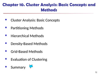 72
Chapter 10. Cluster Analysis: Basic Concepts and
Methods
 Cluster Analysis: Basic Concepts
 Partitioning Methods
 Hierarchical Methods
 Density-Based Methods
 Grid-Based Methods
 Evaluation of Clustering
 Summary
72
 