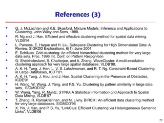 References (3)
 G. J. McLachlan and K.E. Bkasford. Mixture Models: Inference and Applications to
Clustering. John Wiley and Sons, 1988.
 R. Ng and J. Han. Efficient and effective clustering method for spatial data mining.
VLDB'94.
 L. Parsons, E. Haque and H. Liu, Subspace Clustering for High Dimensional Data: A
Review, SIGKDD Explorations, 6(1), June 2004
 E. Schikuta. Grid clustering: An efficient hierarchical clustering method for very large
data sets. Proc. 1996 Int. Conf. on Pattern Recognition
 G. Sheikholeslami, S. Chatterjee, and A. Zhang. WaveCluster: A multi-resolution
clustering approach for very large spatial databases. VLDB’98.
 A. K. H. Tung, J. Han, L. V. S. Lakshmanan, and R. T. Ng. Constraint-Based Clustering
in Large Databases, ICDT'01.
 A. K. H. Tung, J. Hou, and J. Han. Spatial Clustering in the Presence of Obstacles,
ICDE'01
 H. Wang, W. Wang, J. Yang, and P.S. Yu. Clustering by pattern similarity in large data
sets, SIGMOD’02
 W. Wang, Yang, R. Muntz, STING: A Statistical Information grid Approach to Spatial
Data Mining, VLDB’97
 T. Zhang, R. Ramakrishnan, and M. Livny. BIRCH : An efficient data clustering method
for very large databases. SIGMOD'96
 X. Yin, J. Han, and P. S. Yu, “LinkClus: Efficient Clustering via Heterogeneous Semantic
Links”, VLDB'06
77
 