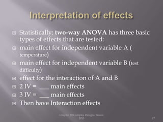  Statistically: two-way ANOVA has three basic
types of effects that are tested:
 main effect for independent variable A (
temperature)
 main effect for independent variable B (test
difficulty)
 effect for the interaction of A and B
 2 IV = ___ main effects
 3 IV = ___ main effects
 Then have Interaction effects
Chapter 10 Complex Designs Sisson
2013 17
 