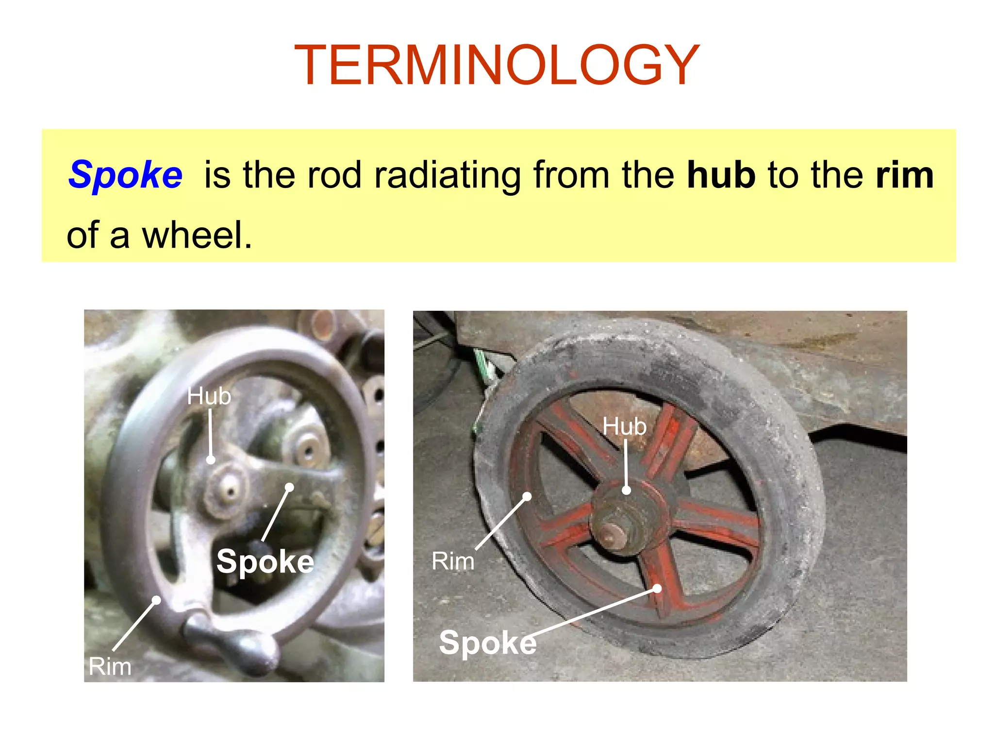 Spoke   is the rod radiating from the  hub  to the  rim  of a wheel. TERMINOLOGY Rim Spoke Spoke Rim Hub Hub 