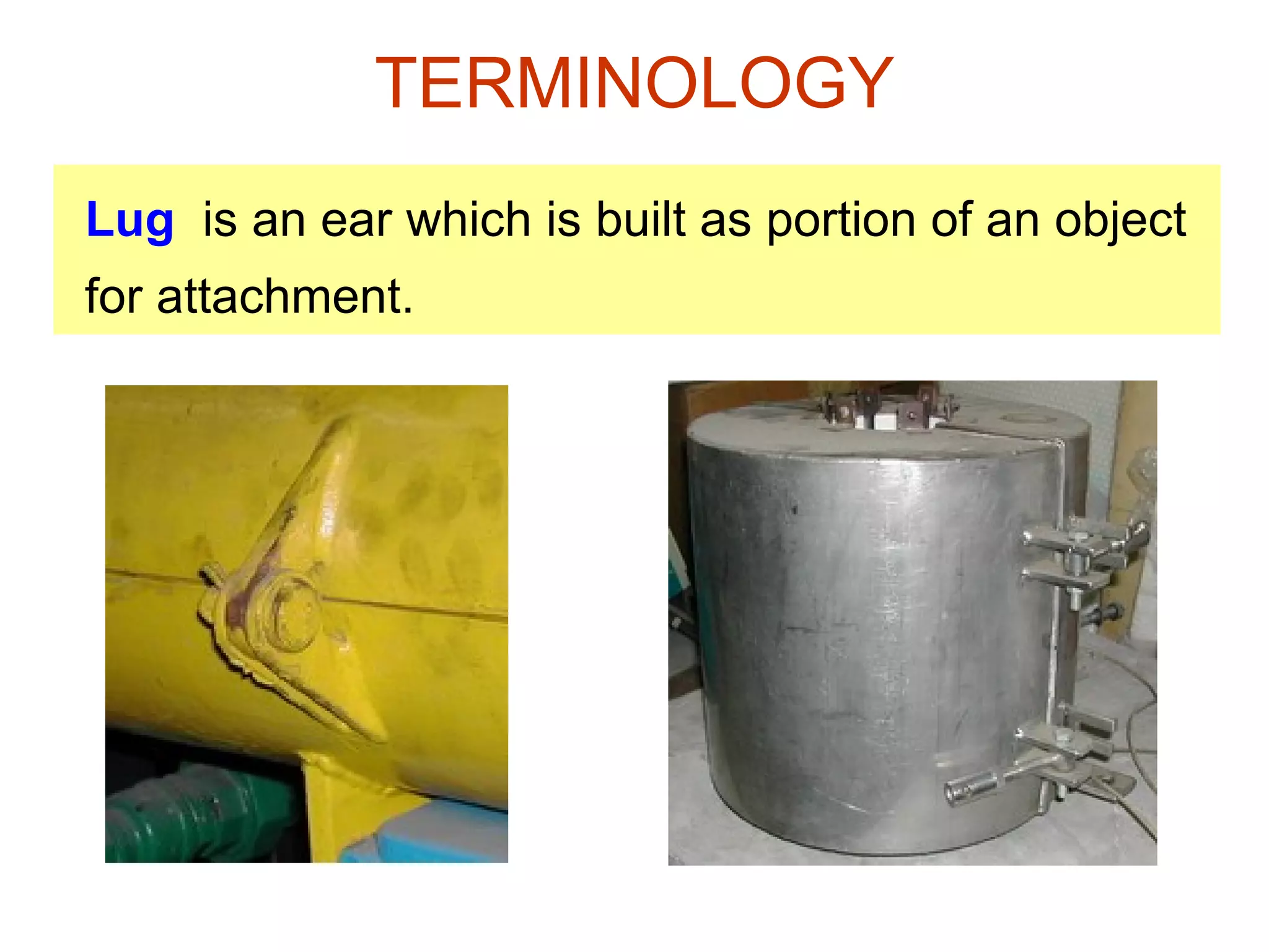 Lug   is an ear which is built as portion of an object for attachment. TERMINOLOGY 