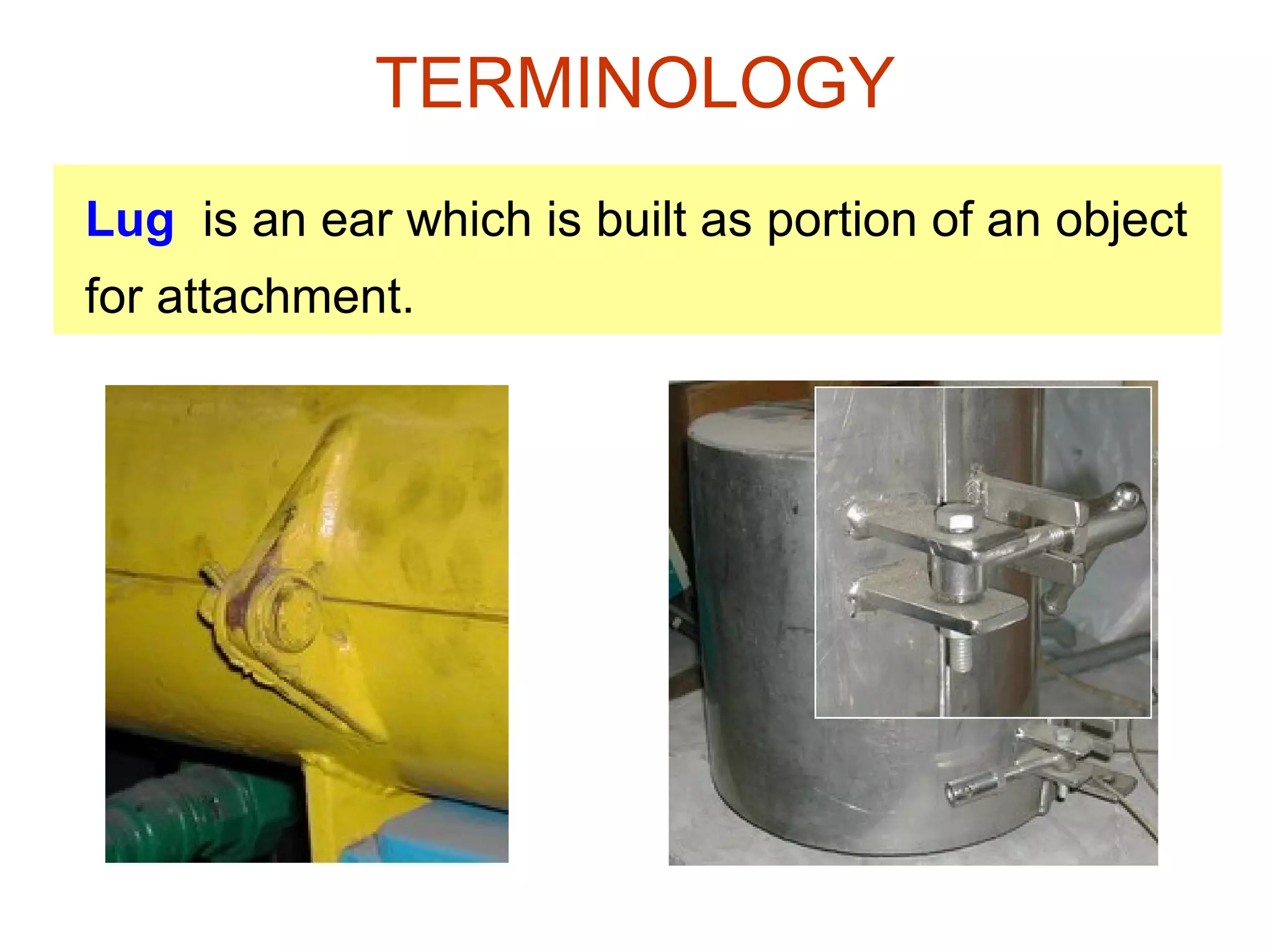Lug   is an ear which is built as portion of an object for attachment. TERMINOLOGY 