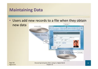Maintaining Data
Maintaining Data

• Users add new records to a file when they obtain 
  new data




Page 520        Discovering Computers 2011: Living in a Digital World    14
Figure 10‐5                        Chapter 10
 