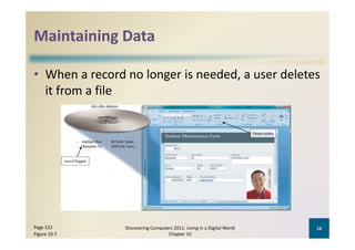Maintaining Data
Maintaining Data

• When a record no longer is needed, a user deletes 
  it from a file




Page 522        Discovering Computers 2011: Living in a Digital World    16
Figure 10‐7                        Chapter 10
 