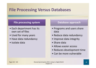 File Processing Versus Databases
File Processing Versus Databases

       File processing system                                     Database approach

• Each department has its                              • Programs and users share 
  own set of files                                       data
• Used for many years                                  • Reduce data redundancy
• Have data redundancy                                 • Improve data integrity
•I l
  Isolate data
          d                                            • Sh
                                                         Share data
                                                               d
                                                       • Allows easier access
                                                       •R d
                                                         Reduces development time
                                                                 d l          t ti
                                                       • Can be more vulnerable

Pages 524 ‐ 526        Discovering Computers 2011: Living in a Digital World          18
                                          Chapter 10
 