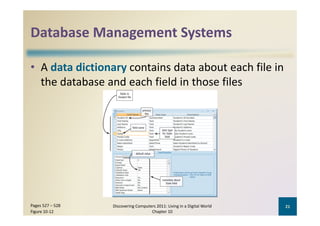 Database Management Systems
Database Management Systems

• A data dictionary contains data about each file in 
  the database and each field in those files




Pages 527 – 528    Discovering Computers 2011: Living in a Digital World    21
Figure 10‐12                          Chapter 10
 