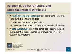 Relational, Object‐Oriented, and 
Multidimensional Databases
   l idi     i   l     b
• A multidimensional database can store data in more 
  than two dimensions of data
       – Sometimes known as a hypercube
       – Can consolidate data much faster than a relational database
• A data warehouse is a huge database that stores and 
  manages the data required to analyze historical and 
  current transactions


           Click to view Web Link,
           click Chapter 10, Click Web
           Link from left navigation
                          navigation,
           then click Data Warehouses
           below Chapter 10
Pages 535 ‐ 536                          Discovering Computers 2011: Living in a Digital World    35
                                                            Chapter 10
 