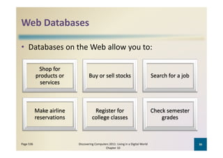 Web Databases
Web Databases

• Databases on the Web allow you to:

            Shop for 
           products or            Buy or sell stocks                                Search for a job
             services



           Make airline               Register for                                  Check semester 
           reservations              college classes                                    grades



Page 536                   Discovering Computers 2011: Living in a Digital World                       36
                                              Chapter 10
 