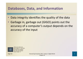 Databases, Data, and Information
Databases, Data, and Information

• Data integrity identifies the quality of the data
• Garbage in, garbage out (GIGO) points out the
  Garbage in, garbage out (GIGO) points out the 
  accuracy of a computer’s output depends on the 
  accuracy of the input
  accuracy of the input




           Click to view Web Link,
           click Chapter 10, Click Web
           Link from left navigation
                          navigation,
           then click Data Integrity
           below Chapter 10
Page 516                                 Discovering Computers 2011: Living in a Digital World    7
                                                            Chapter 10
 
