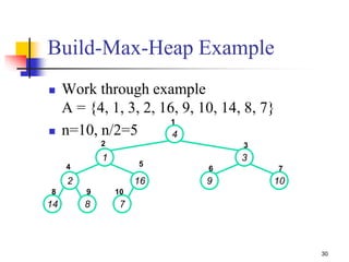 30
Build-Max-Heap Example
 Work through example
A = {4, 1, 3, 2, 16, 9, 10, 14, 8, 7}
 n=10, n/2=5 4
1 3
2 16 9 10
14 8 7
1
2 3
4 5
6 7
8 9 10
 