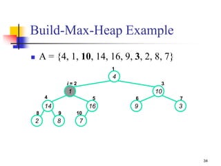 34
 A = {4, 1, 10, 14, 16, 9, 3, 2, 8, 7}
4
1 10
14 16 9 3
2 8 7
1
i = 2 3
4 5 6 7
8 9 10
Build-Max-Heap Example
 