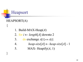 42
HEAPSORT(A)
{
1. Build-MAX-Heap(A)
2. for i  length[A] downto 2
3. do exchange A[1]  A[i]
4. heap-size[A]  heap-size[A] - 1
5. MAX- Heapify(A, 1)
}
Heapsort
 