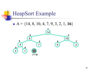 44
 A = {14, 8, 10, 4, 7, 9, 3, 2, 1, 16}
14
8 10
4 7 9 3
2 1 16
1
2 3
4 5 6 7
8 9
i = 10
HeapSort Example
 