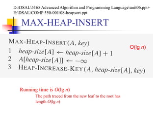 MAX-HEAP-INSERT
O(lg n)
D:DSAL5165 Advanced Algorithm and Programming Languageunit06.ppt+
E:DSALCOMP 550-00108-heapsort.ppt
Running time is O(lg n)
The path traced from the new leaf to the root has
length O(lg n)
 
