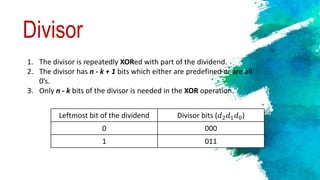 Divisor
1. The divisor is repeatedly XORed with part of the dividend.
2. The divisor has n - k + 1 bits which either are predefined or are all
0’s.
3. Only n - k bits of the divisor is needed in the XOR operation.
Leftmost bit of the dividend Divisor bits (𝑑2 𝑑1 𝑑0)
0 000
1 011
 