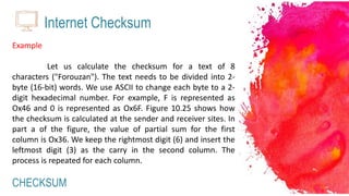 CHECKSUM
Internet Checksum
Example
Let us calculate the checksum for a text of 8
characters ("Forouzan"). The text needs to be divided into 2-
byte (16-bit) words. We use ASCII to change each byte to a 2-
digit hexadecimal number. For example, F is represented as
Ox46 and 0 is represented as Ox6F. Figure 10.25 shows how
the checksum is calculated at the sender and receiver sites. In
part a of the figure, the value of partial sum for the first
column is Ox36. We keep the rightmost digit (6) and insert the
leftmost digit (3) as the carry in the second column. The
process is repeated for each column.
 