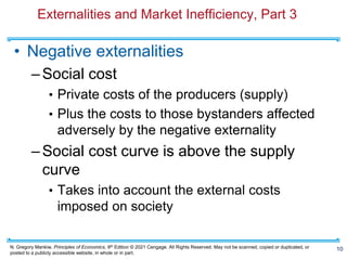 N. Gregory Mankiw, Principles of Economics, 9th Edition © 2021 Cengage. All Rights Reserved. May not be scanned, copied or duplicated, or
posted to a publicly accessible website, in whole or in part.
Externalities and Market Inefficiency, Part 3
• Negative externalities
–Social cost
• Private costs of the producers (supply)
• Plus the costs to those bystanders affected
adversely by the negative externality
–Social cost curve is above the supply
curve
• Takes into account the external costs
imposed on society
10
 