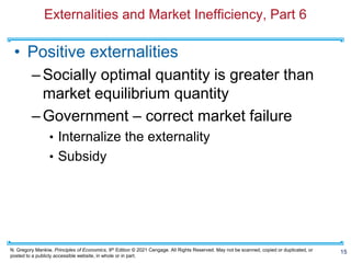 N. Gregory Mankiw, Principles of Economics, 9th Edition © 2021 Cengage. All Rights Reserved. May not be scanned, copied or duplicated, or
posted to a publicly accessible website, in whole or in part.
Externalities and Market Inefficiency, Part 6
• Positive externalities
–Socially optimal quantity is greater than
market equilibrium quantity
–Government – correct market failure
• Internalize the externality
• Subsidy
15
 