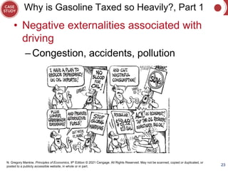 N. Gregory Mankiw, Principles of Economics, 9th Edition © 2021 Cengage. All Rights Reserved. May not be scanned, copied or duplicated, or
posted to a publicly accessible website, in whole or in part.
Why is Gasoline Taxed so Heavily?, Part 1
• Negative externalities associated with
driving
–Congestion, accidents, pollution
23
 