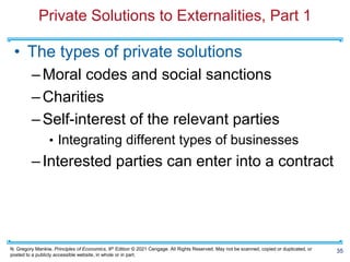 N. Gregory Mankiw, Principles of Economics, 9th Edition © 2021 Cengage. All Rights Reserved. May not be scanned, copied or duplicated, or
posted to a publicly accessible website, in whole or in part.
Private Solutions to Externalities, Part 1
• The types of private solutions
–Moral codes and social sanctions
–Charities
–Self-interest of the relevant parties
• Integrating different types of businesses
–Interested parties can enter into a contract
35
 