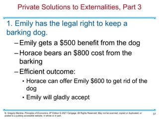 N. Gregory Mankiw, Principles of Economics, 9th Edition © 2021 Cengage. All Rights Reserved. May not be scanned, copied or duplicated, or
posted to a publicly accessible website, in whole or in part.
Private Solutions to Externalities, Part 3
1. Emily has the legal right to keep a
barking dog.
–Emily gets a $500 benefit from the dog
–Horace bears an $800 cost from the
barking
–Efficient outcome:
• Horace can offer Emily $600 to get rid of the
dog
• Emily will gladly accept
37
 