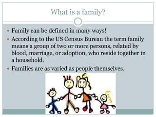 What is a family?

 Family can be defined in many ways!
 According to the US Census Bureau the term family
  means a group of two or more persons, related by
  blood, marriage, or adoption, who reside together in
  a household.
 Families are as varied as people themselves.
 