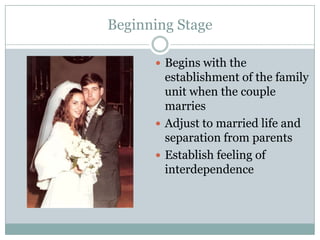 Beginning Stage

       Begins with the
        establishment of the family
        unit when the couple
        marries
       Adjust to married life and
        separation from parents
       Establish feeling of
        interdependence
 