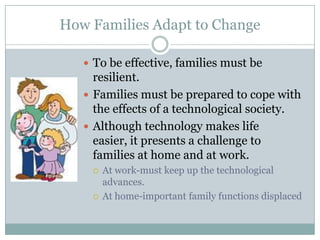 How Families Adapt to Change

    To be effective, families must be
     resilient.
    Families must be prepared to cope with
     the effects of a technological society.
    Although technology makes life
     easier, it presents a challenge to
     families at home and at work.
       At work-must keep up the technological
        advances.
       At home-important family functions displaced
 