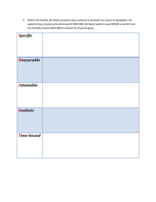 2. Within 10 months, Mr Baek wanted to buy a vehicle to facilitate his return to workplace. He
opted to buy a motorcycle which worth RM5 000. Mr Baek needs to save RM500 a month from
his monthly income RM3 000 to achieve his financial goals.
Specific
Measurable
Attainable
Realistic
Time-bound
 