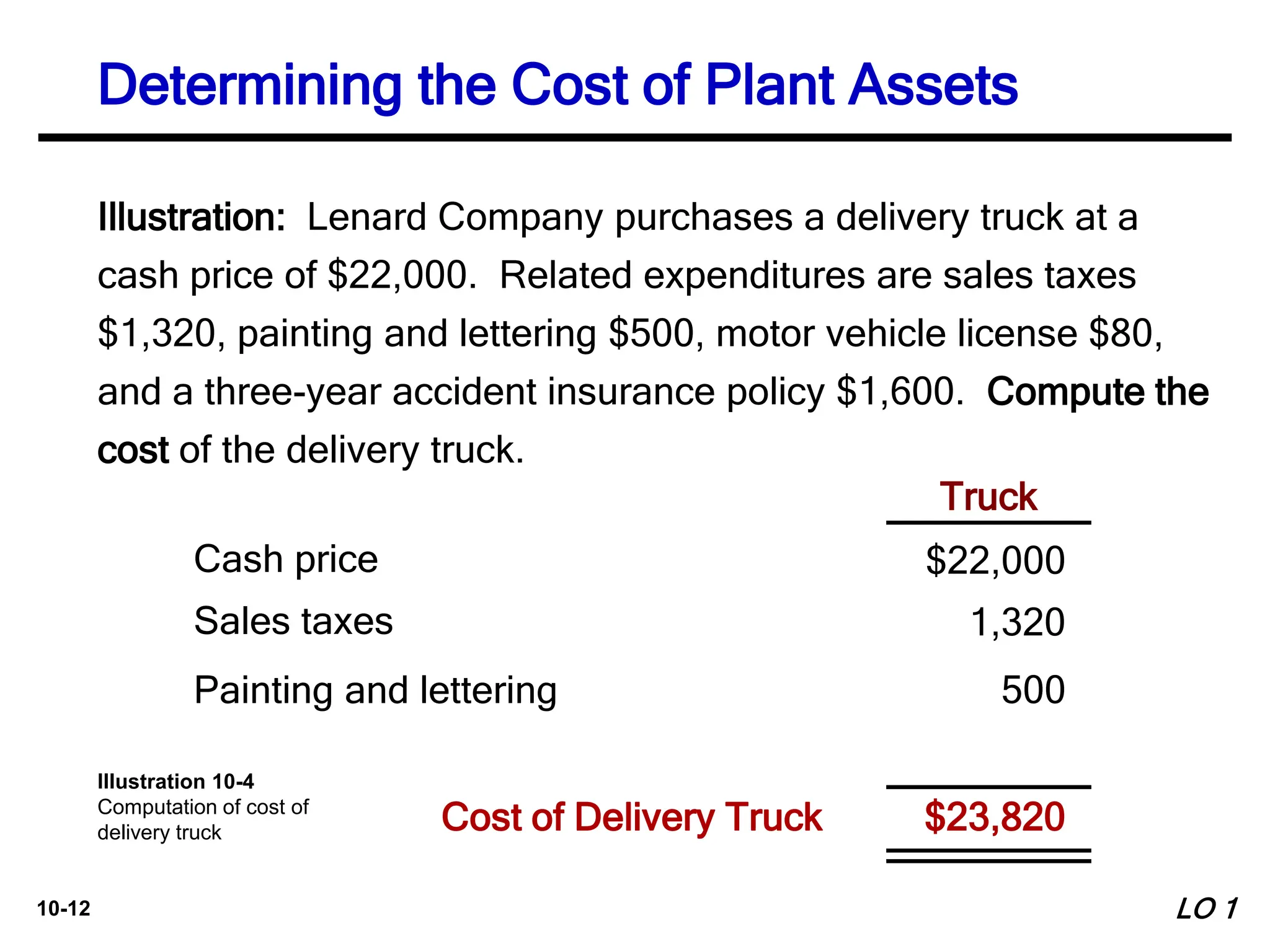 10-12
Illustration: Lenard Company purchases a delivery truck at a
cash price of $22,000. Related expenditures are sales taxes
$1,320, painting and lettering $500, motor vehicle license $80,
and a three-year accident insurance policy $1,600. Compute the
cost of the delivery truck.
Truck
Cash price
Sales taxes
Painting and lettering 500
1,320
$22,000
$23,820
Cost of Delivery Truck
Determining the Cost of Plant Assets
LO 1
Illustration 10-4
Computation of cost of
delivery truck
 