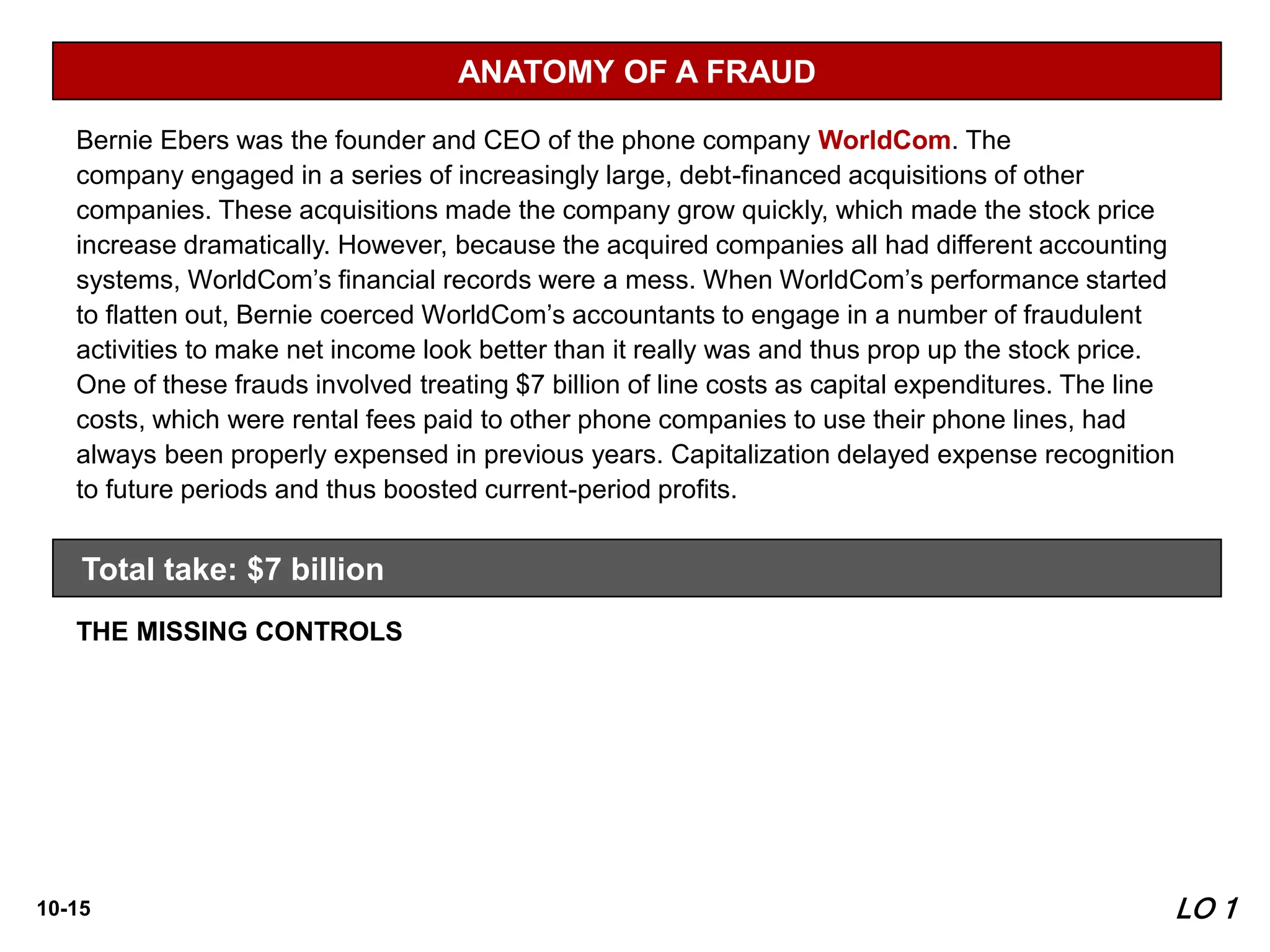 10-15
THE MISSING CONTROLS
Documentation procedures. The company’s accounting system was a disorganized collection
of non-integrated systems, which resulted from a series of corporate acquisitions. Top
management took advantage of this disorganization to conceal its fraudulent activities.
Independent internal verification. A fraud of this size should have been detected by a routine
comparison of the actual physical assets with the list of physical assets shown in the accounting
records.
Total take: $7 billion
ANATOMY OF A FRAUD
Bernie Ebers was the founder and CEO of the phone company WorldCom. The
company engaged in a series of increasingly large, debt-financed acquisitions of other
companies. These acquisitions made the company grow quickly, which made the stock price
increase dramatically. However, because the acquired companies all had different accounting
systems, WorldCom’s financial records were a mess. When WorldCom’s performance started
to flatten out, Bernie coerced WorldCom’s accountants to engage in a number of fraudulent
activities to make net income look better than it really was and thus prop up the stock price.
One of these frauds involved treating $7 billion of line costs as capital expenditures. The line
costs, which were rental fees paid to other phone companies to use their phone lines, had
always been properly expensed in previous years. Capitalization delayed expense recognition
to future periods and thus boosted current-period profits.
LO 1
 