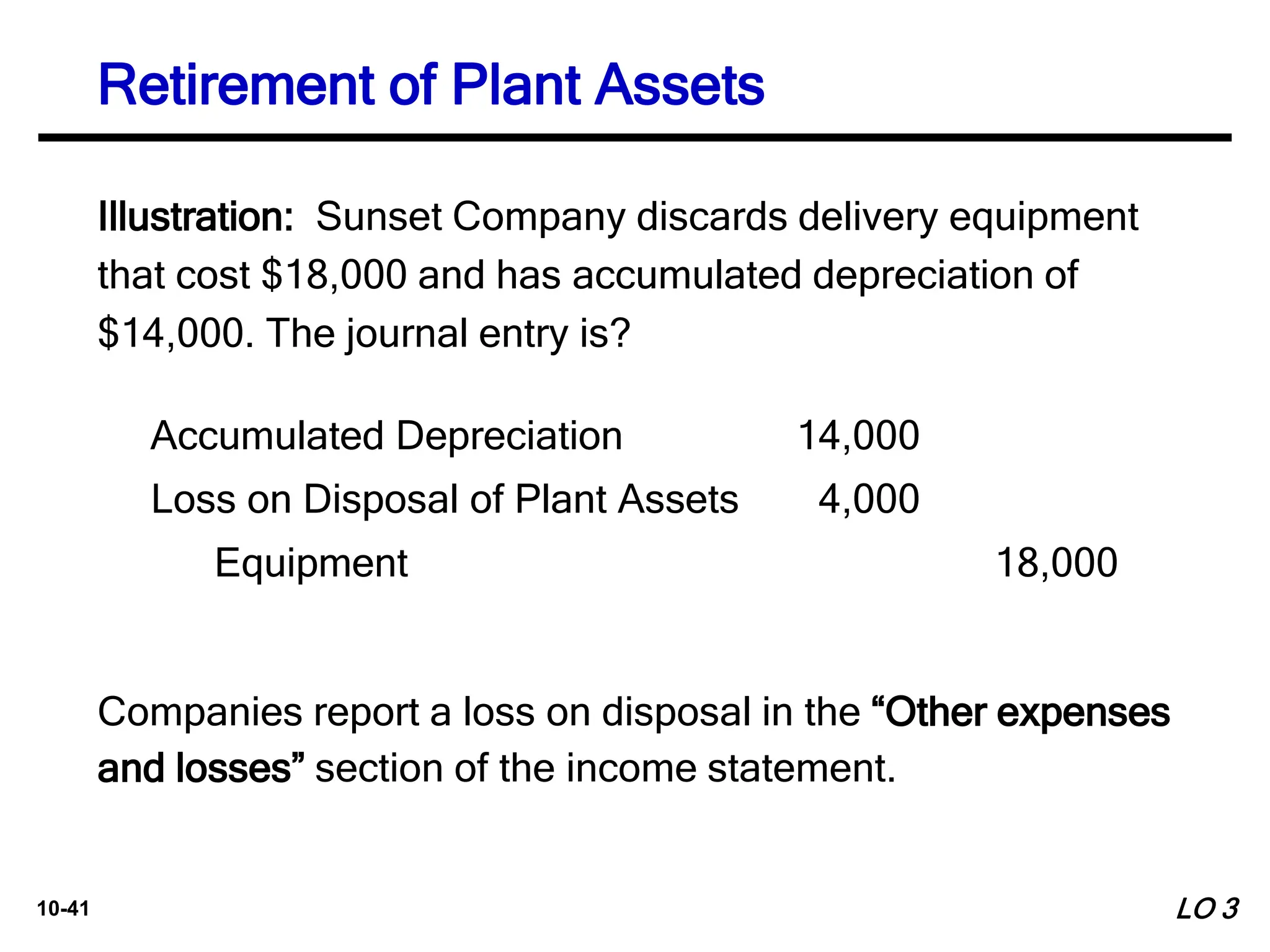 10-41
Illustration: Sunset Company discards delivery equipment
that cost $18,000 and has accumulated depreciation of
$14,000. The journal entry is?
Accumulated Depreciation 14,000
Loss on Disposal of Plant Assets 4,000
Companies report a loss on disposal in the “Other expenses
and losses” section of the income statement.
Equipment 18,000
LO 3
Retirement of Plant Assets
 