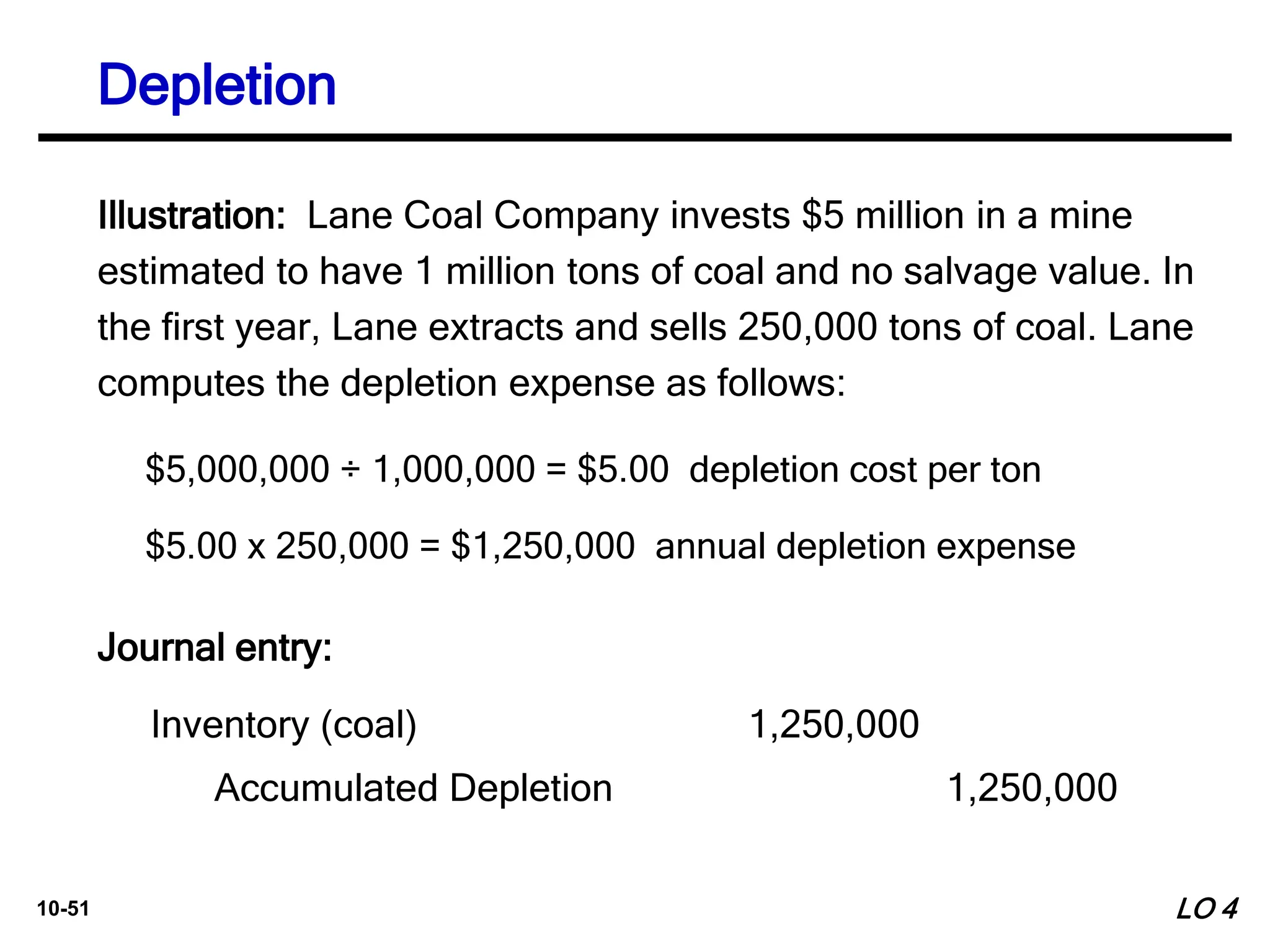 10-51
Illustration: Lane Coal Company invests $5 million in a mine
estimated to have 1 million tons of coal and no salvage value. In
the first year, Lane extracts and sells 250,000 tons of coal. Lane
computes the depletion expense as follows:
$5,000,000 ÷ 1,000,000 = $5.00 depletion cost per ton
$5.00 x 250,000 = $1,250,000 annual depletion expense
Inventory (coal) 1,250,000
Accumulated Depletion 1,250,000
Journal entry:
LO 4
Depletion
 